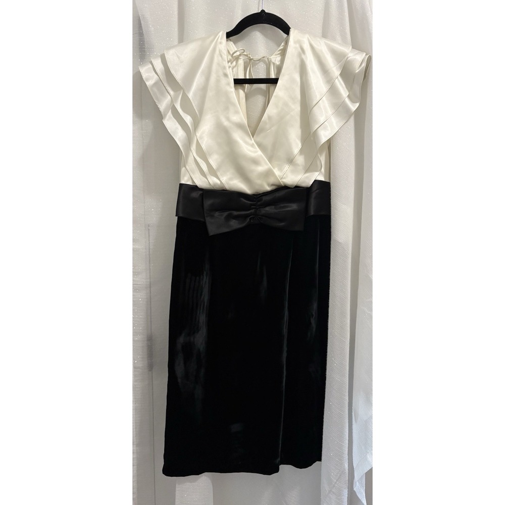 Vintage 80s Warelle Midi Cocktail Dress Black & Ivory Velvet Satin Glam Coquette
